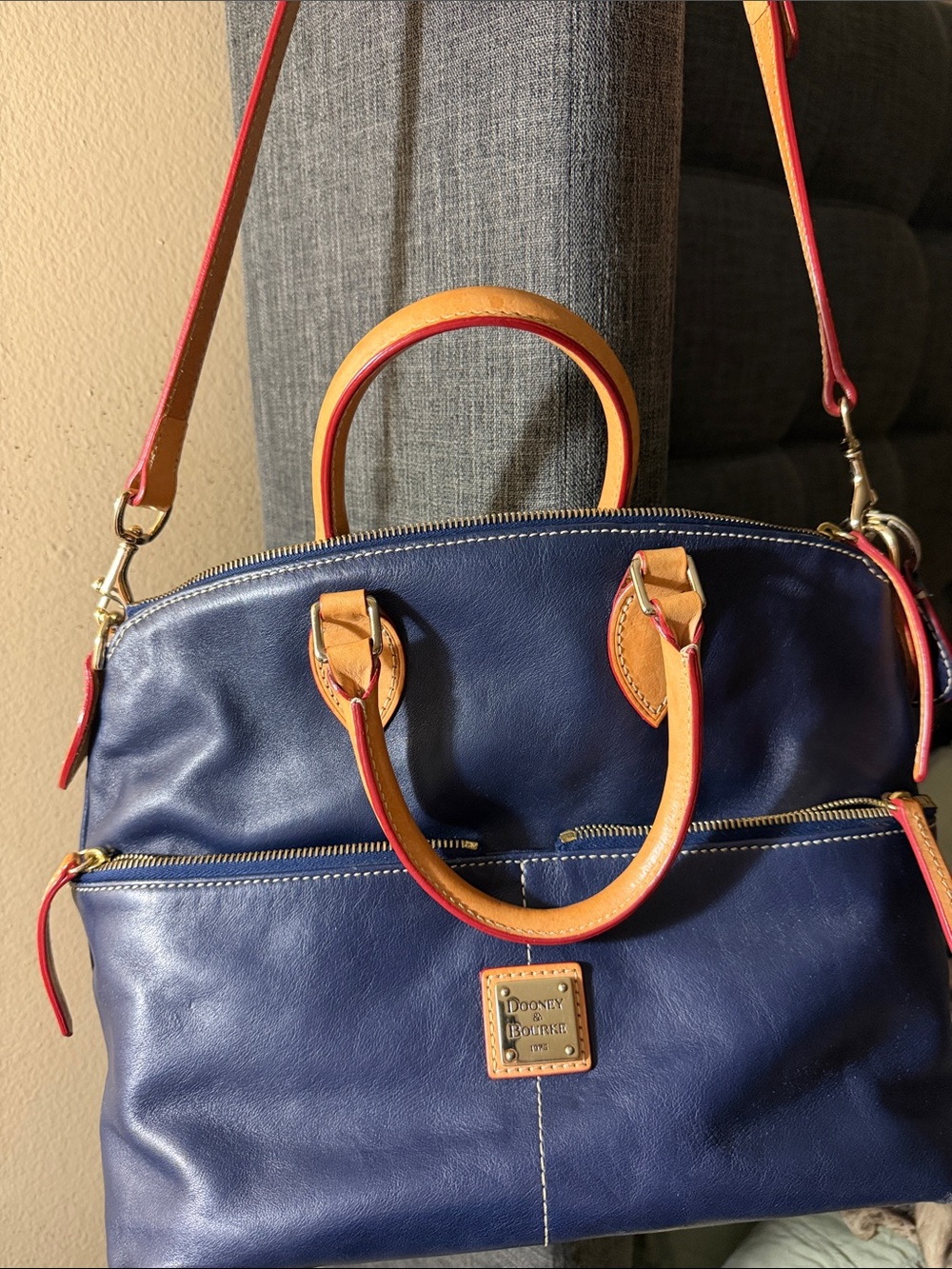 Dooney & Bourke Navy Blue Leather Crossbody with Tan Trim